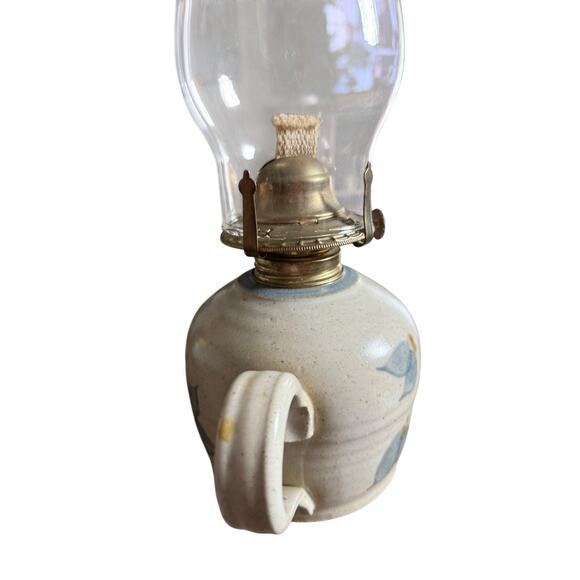 Studio hurricane lamp Art Pottery Oil Lamp Handle Blue Grey Signed St Jacobs - Picture 3 of 5
